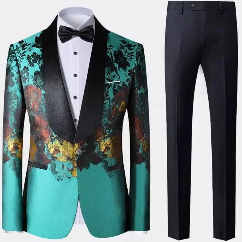 Men's classic tuxedo jacket with satin lapels for office event -Men's 2-Piece Modern Floral Green Suit with Gold Patterns