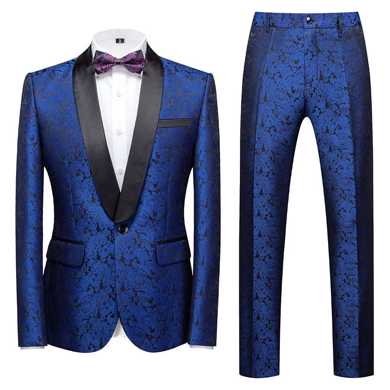 Men's formal tuxedo with satin collar for special event -Mens 2-Piece Shawl Lapel Jacuard Royal Blue Tuxedo