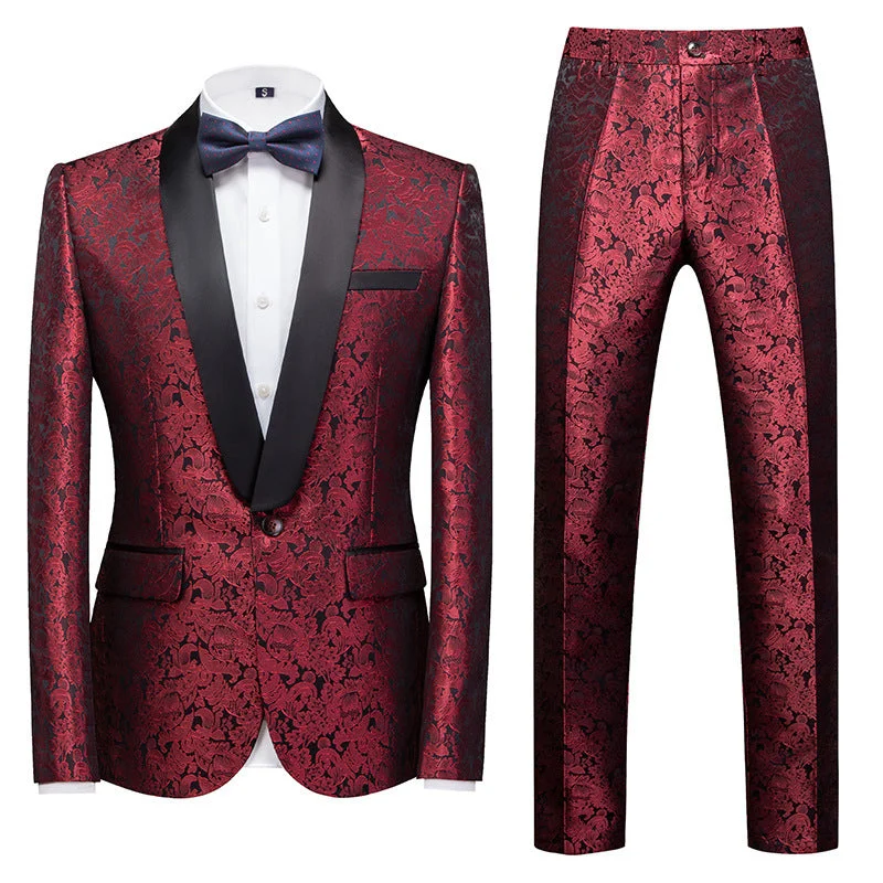 Men's classic navy tuxedo with satin collar for wedding -Mens 2-Piece Shawl Lapel Jacuard Burgundy Tuxedo