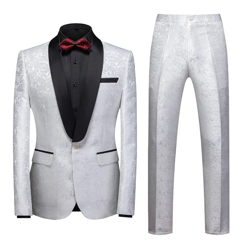 Men's premium tuxedo for formal office events -Mens 2-Piece Shawl Lapel Jacquard White Wedding Tuxedo