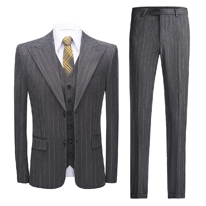 Men's formal tuxedo for black tie wedding reception -Men's Stripe 3-Piece Slim Fit Light Gray Suit