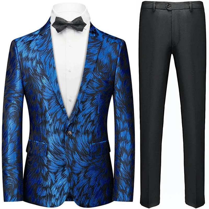 Men's modern tuxedo for business wedding event -Men's Royal Blue Plume Jacquard Black Tuxedo Jacket