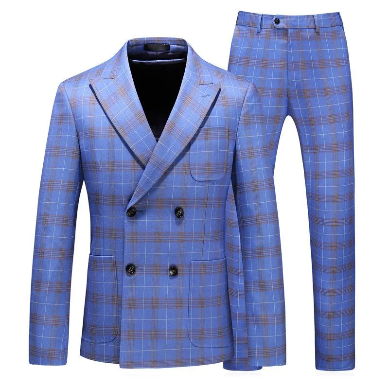 Men's modern tuxedo for corporate business events -Men's Three-Piece Double-Breasted Light Blue Plaid Suit