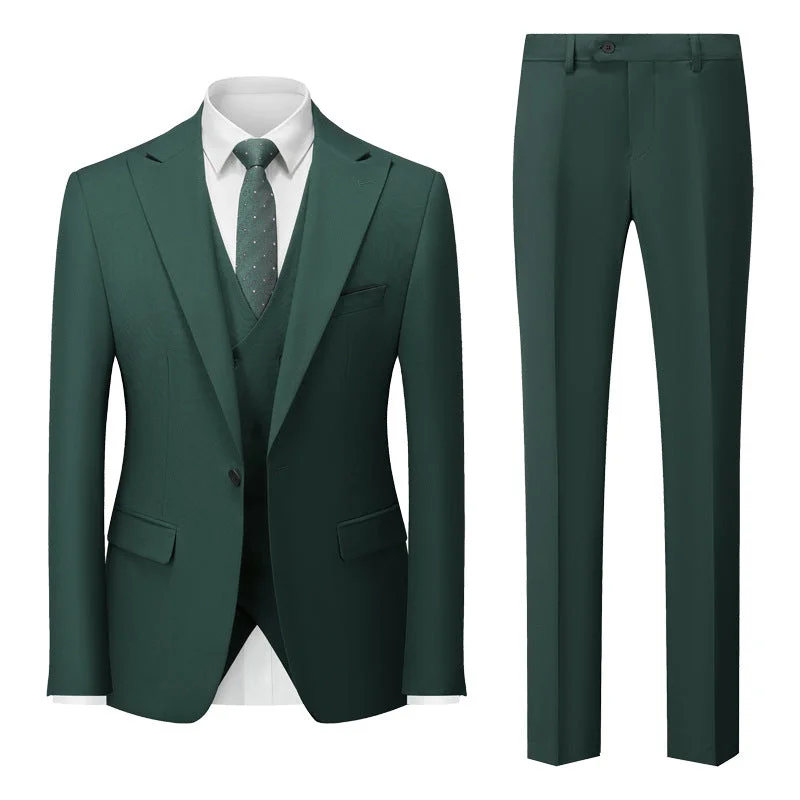 Men's designer tuxedo jacket for formal dinner -Men's Three-Piece One-Button Hunter Green Wedding Suit