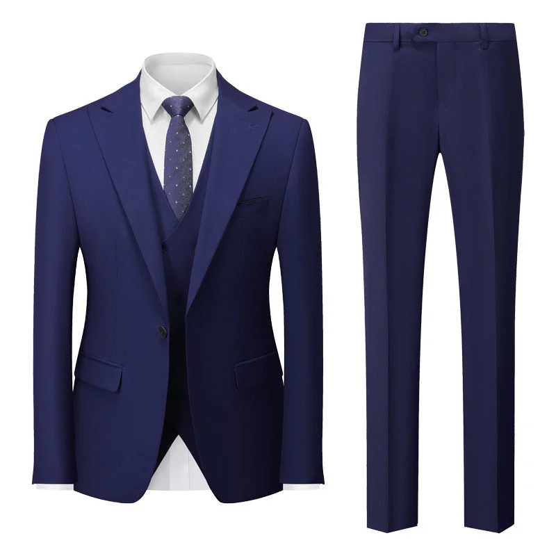 Men's wool tuxedo for evening wedding reception -Men's Three-Piece One-Button Navy Business Suit