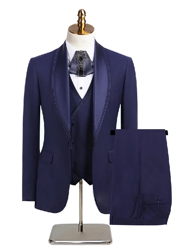 Men's designer tuxedo for corporate gala dinner -Men's 3-Piece Shawl Lapel All Navy Tuxedo