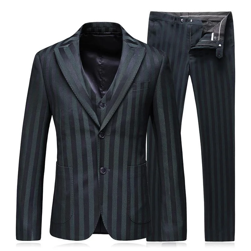 Men's designer tuxedo jacket for formal office event -Men's Three-Piece Black And Dark Green Striped Suit