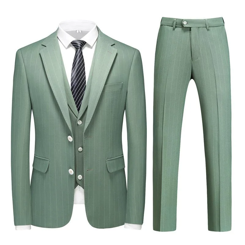 Men's business tuxedo jacket for evening gala -Men's Three-Piece Subtile Striped Sage Green Suit