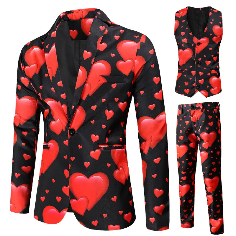 Men's luxury tuxedo jacket for formal office gala -Men's Valentine's Day Theme Printed Suit 3-Piece 4 Color