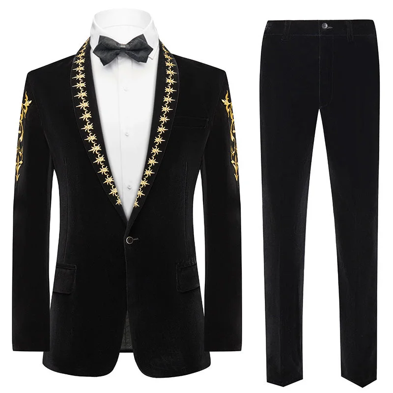 Men's luxury tuxedo jacket for business event -Mens 2-Piece Gold Embroidered Velvet Black Dinner Jacket