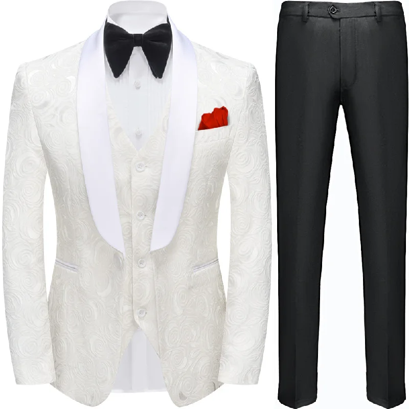 Men's wool tuxedo for corporate wedding event -Men's White Rose Embroidery Wedding Suit Jacket and Vest