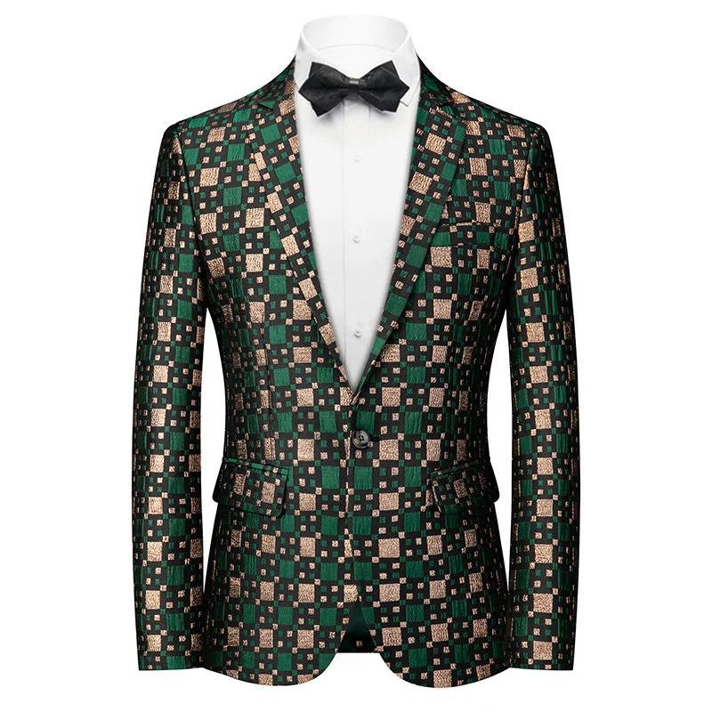 Men's luxury tuxedo jacket for formal office gala -Men's Woven Plaid Style Green and Gold Tuxedo Jacket