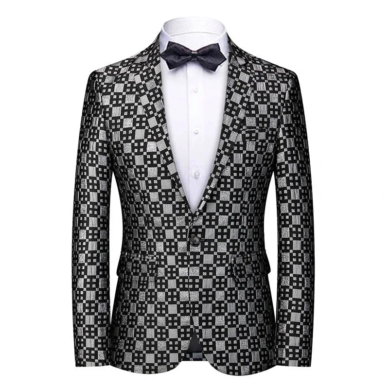 Men's luxury tuxedo for evening wedding -Men's Peak Lapel Woven Black and Silver Plaid Tuxedo