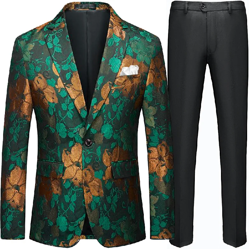 Men's wool tuxedo for evening wedding reception -Men's Yellow Floral Vine Green Tuxedo Jacket