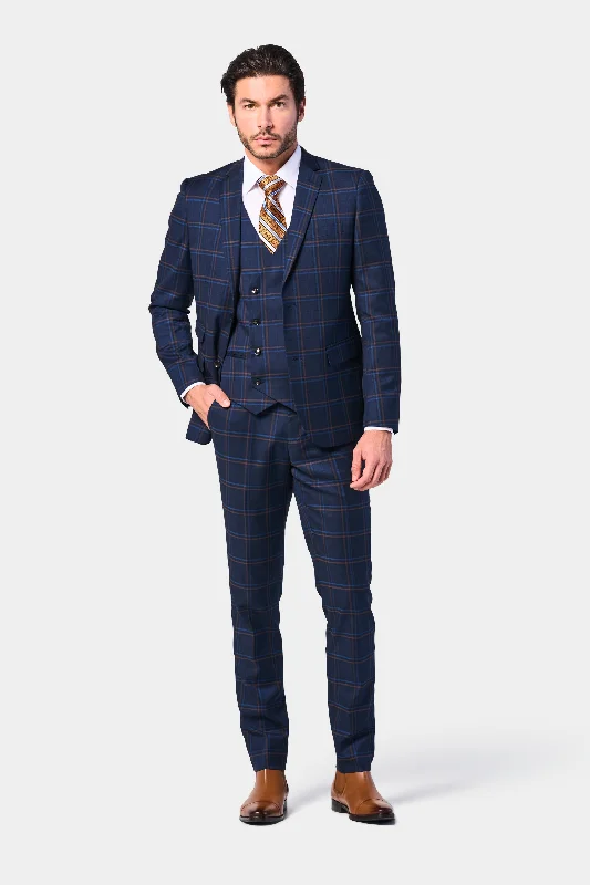 Men's business tuxedo for wedding reception -Navy Rust Plaid 3 Piece Suit