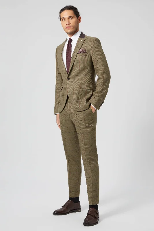 Men's wool tuxedo jacket for business dinner event -Beadon Slim Fit Khaki Check Tweed Suit - ARCHIVE