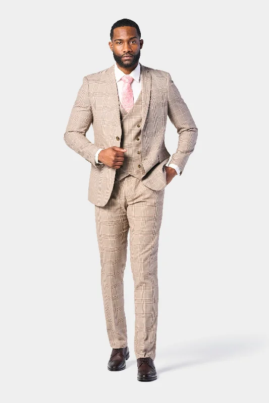 Men's premium tuxedo with satin collar for wedding party -Tan and Pink Plaid 3 Piece Suit