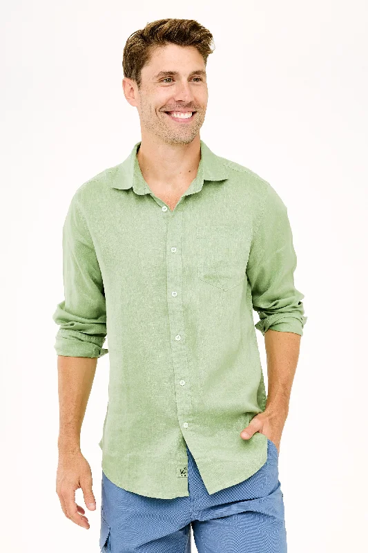 Men’s modern plaid button-up shirt for business -Classic Linen Shirt - Piquant Green