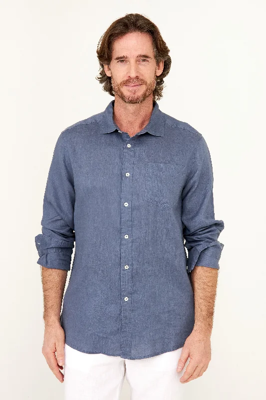 Men’s plaid button-up shirt with modern design -Classic Linen Shirt - Vintage Indigo