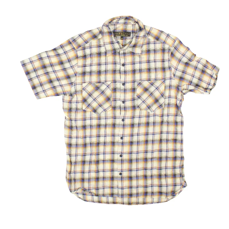 Men’s light plaid button-up shirt for work -White Plaid Short Sleeve Shirt