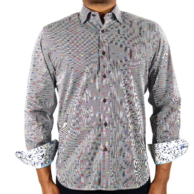 Men’s casual plaid button-up shirt for business lunch -Black & White with Multicolor Bowties