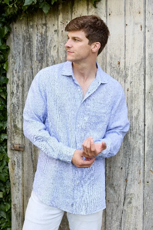 Men’s casual plaid shirt with button cuffs -Lightweight Yarn Dye Linen Shirt - Surf Blue