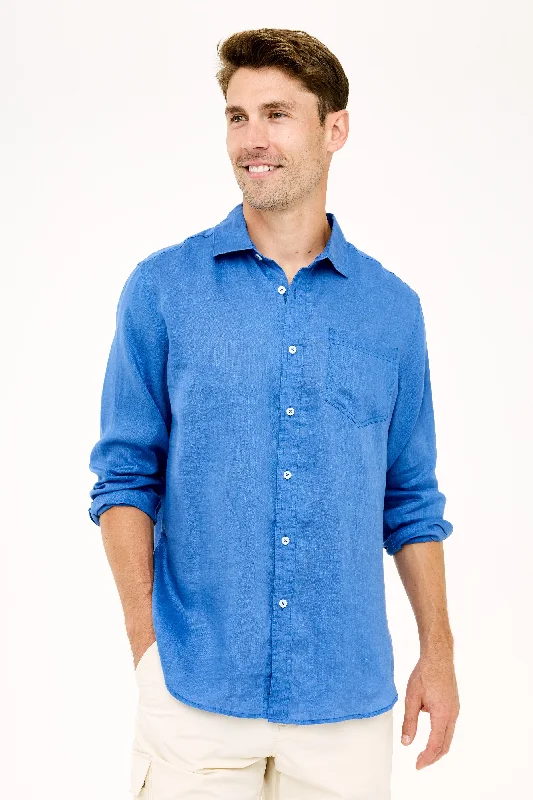 Men’s plaid button-up shirt for casual workwear -Classic Linen Shirt - Marine Blue