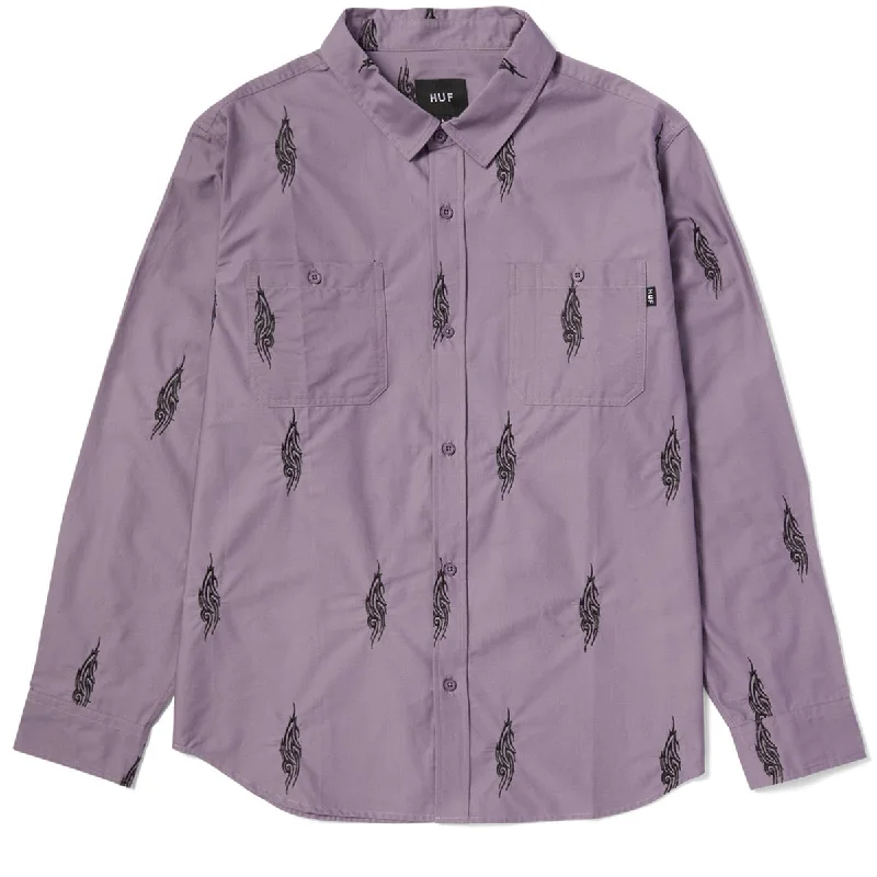 Men’s business-ready plaid button-down shirt for meetings -HUF Larkin Embroidered Long Sleeve Work Shirt - Dust Purple