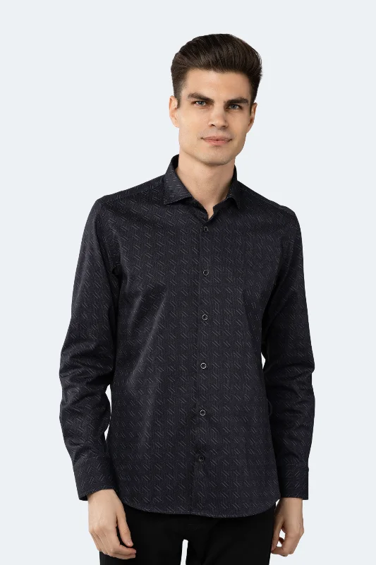 Men’s premium business plaid shirt for work -Leo Black Jacquard with Grey Daggers and Dots Shirt