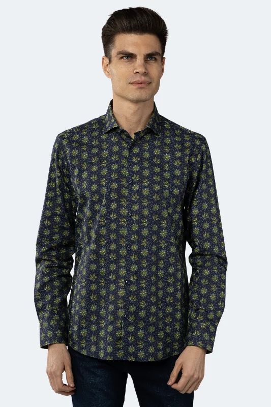 Men’s plaid button-up shirt with modern twist -Leo Navy with Green and Blue Floral Print Shirt