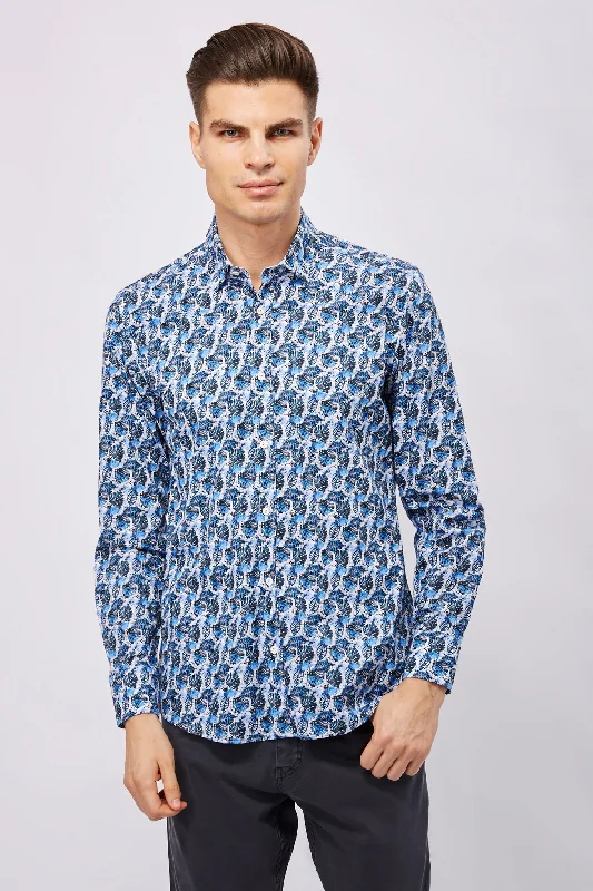 Men’s breathable plaid button-up shirt for office -Leo White with Multi Blue Leaves Shirt