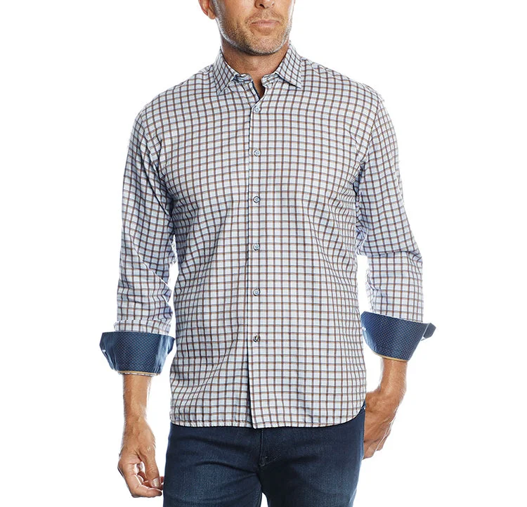 Men’s slim-fit plaid shirt for casual workwear -Light Blue Herringbone with Large Brown and Navy Check