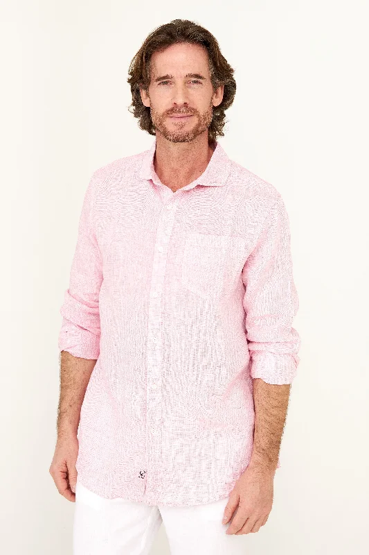 Men’s modern plaid shirt with slim fit -Lightweight Yarn Dye Linen Shirt - Pale Pink