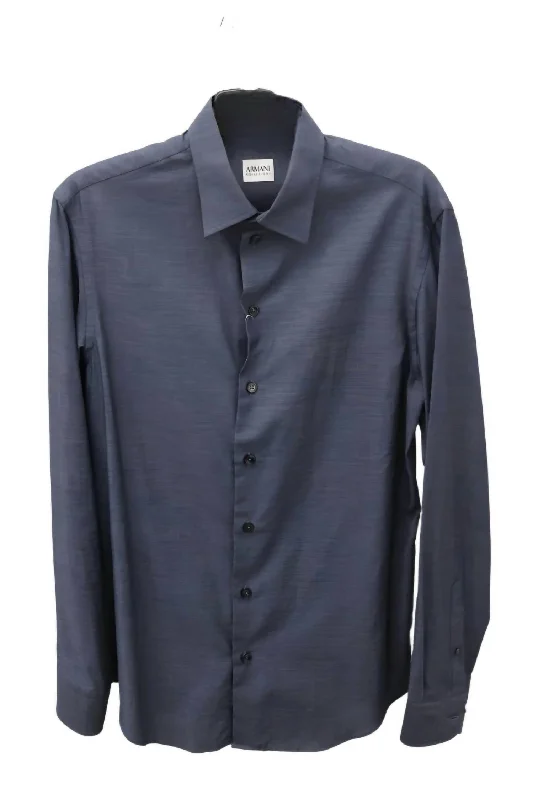 Men’s breathable plaid shirt for business workwear -Long Sleeve Button Down Shirt In Blue Tonal