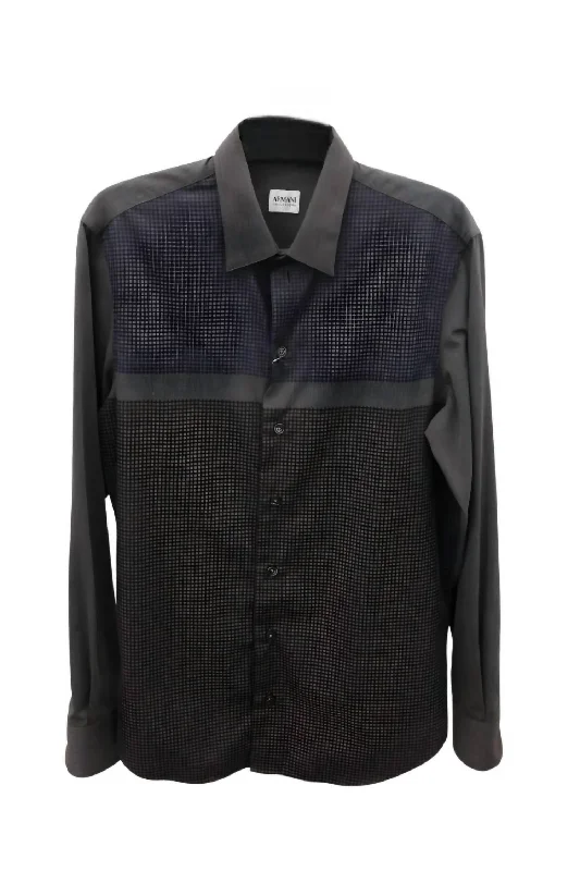 Men’s business plaid shirt with button-up collar -Long Sleeve Button Down Shirt In Grey