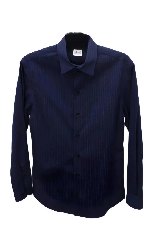 Men’s plaid button-down shirt for work events -Long Sleeve Button Down Shirt In Navy