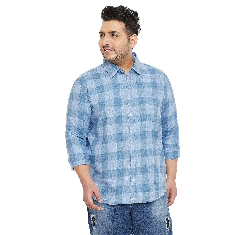 Men’s classic cotton plaid shirt for work -Men Flat Collar Checkered Full Sleeve Shirt