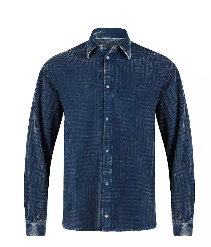 Men’s stylish plaid shirt for office casual wear -Men's Corduroy Shirt In Blue Distressed Maze