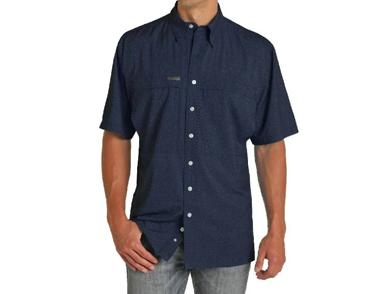 Men’s modern plaid shirt with button-up design -Men's Short Sleeve Competition Fit Western Shirt In Navy