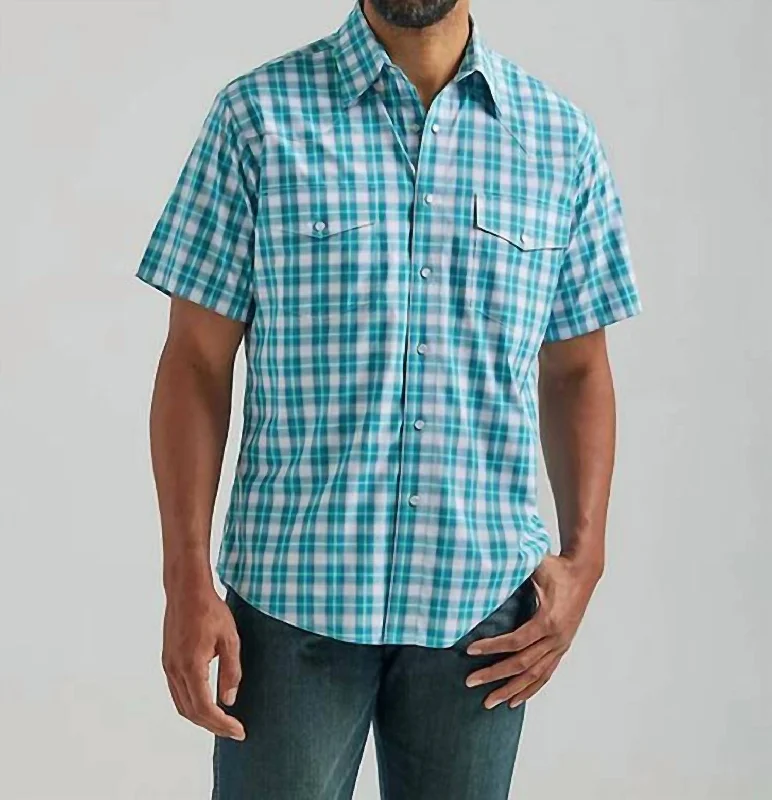 Men’s light plaid button-up shirt for work -Men's Wrinkle Resist Short Sleeve Western Snap Shirt In Turquoise Plaid