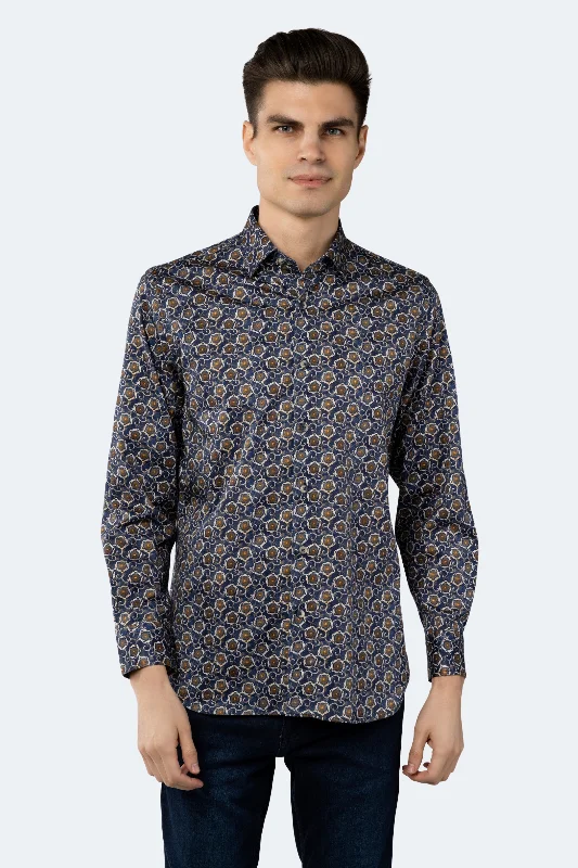 Men’s cotton plaid shirt for business lunch -Navy with Gold, Beige and Orange Floral Shirt