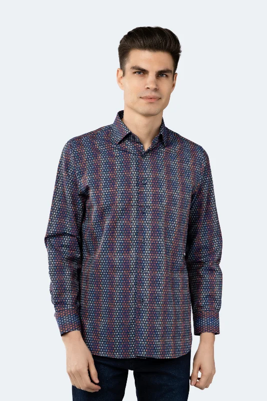 Men’s classic plaid shirt with button-up design -Navy with Orange, Powder Blue and Beige Circle Shirt