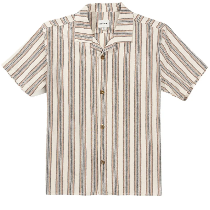 Men’s casual plaid shirt with button cuffs -Rhythm Vacation Stripe Shirt - Natural