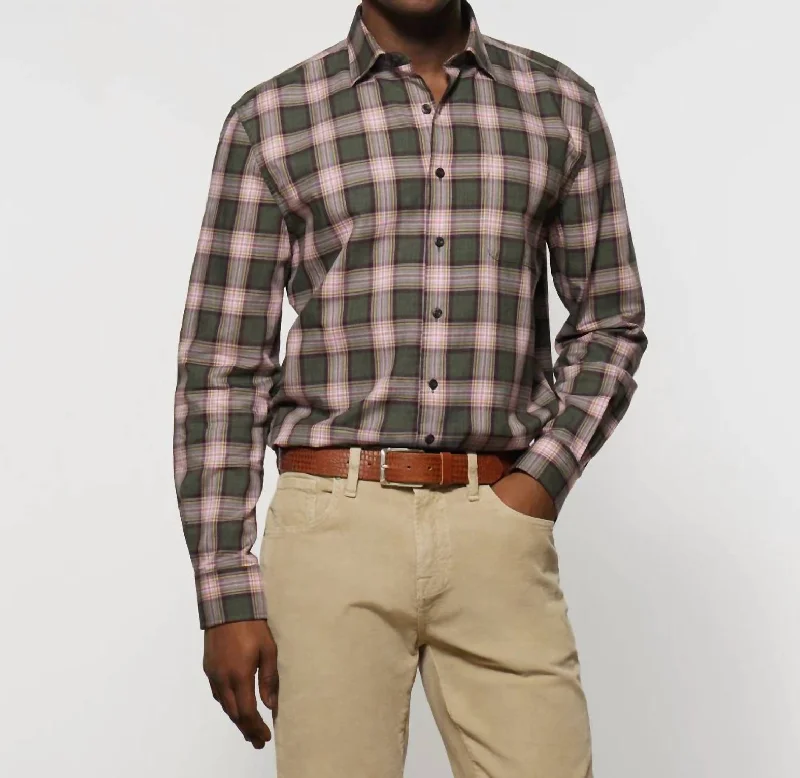 Men’s cotton plaid button-up shirt for business wear -Roanoke Tucked Button Up Shirt In Balsam