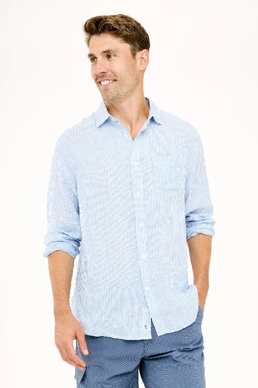 Men’s plaid shirt for office workwear -Striped Linen Shirt - Blue Stripe