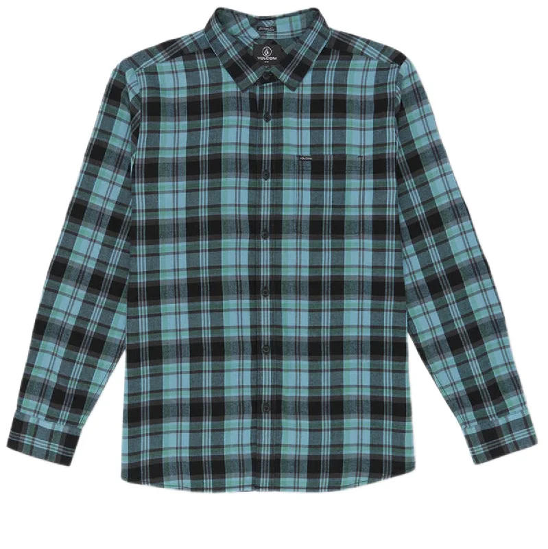 Men’s professional plaid shirt with button-up design -Volcom Caden Plaid Long Sleeve Shirt - Blue Rinse