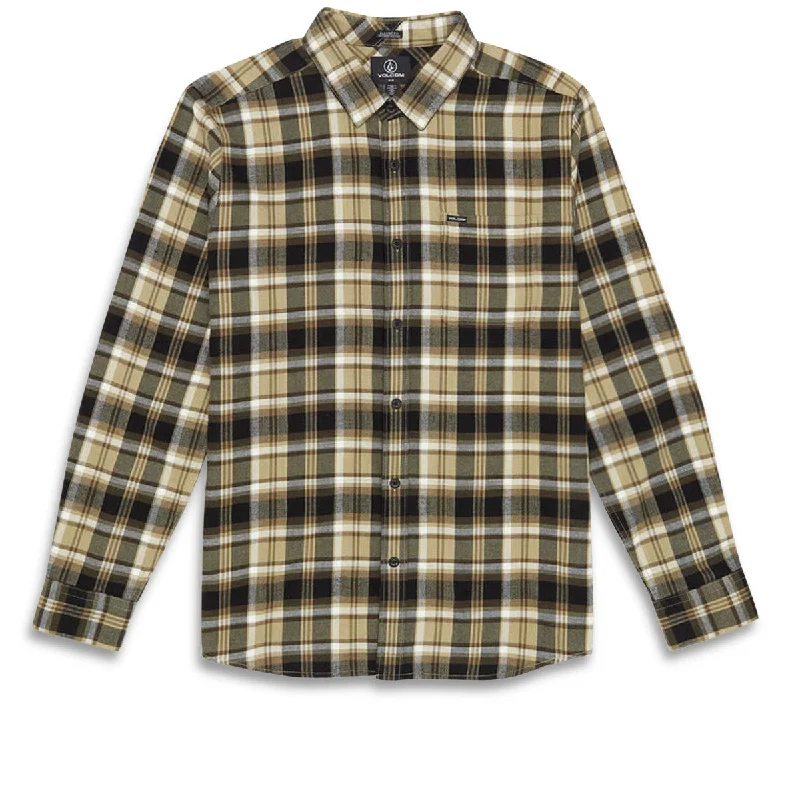 Men’s plaid shirt with chest pocket for office -Volcom Caden Plaid Long Sleeve Shirt - Khaki