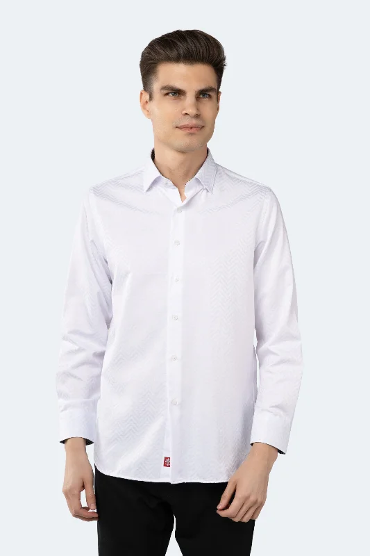 Men’s formal plaid shirt for business lunch -White on White Jacquard Tetris Box Shirt