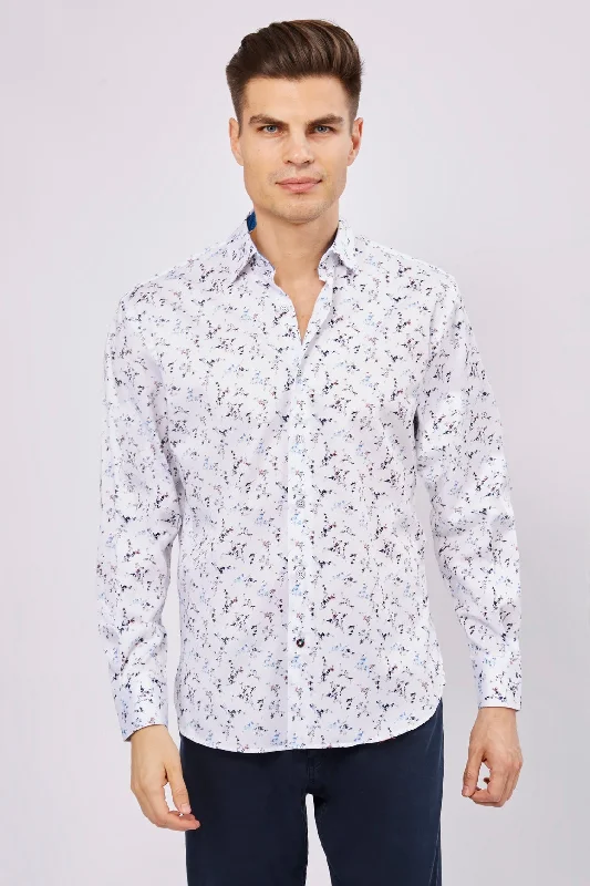 Men’s breathable plaid shirt for business lunch -White with Blue Iridescent Florals